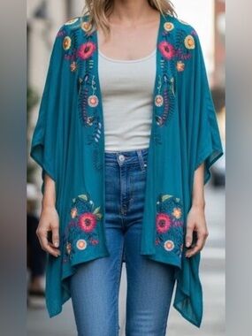 Umgee Teal Floral Embroidered Kimono Cardigan Boho Tunic Size:S/M NWT